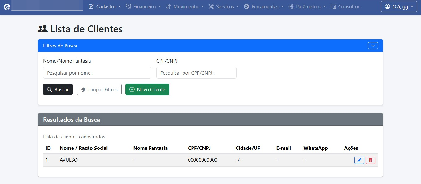 Tela de Controle de cadastro de clientes